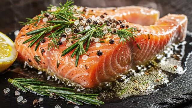 Savory Baked Salmon Fillet with Fresh Rosemary, Peppercorns, and Lemon on a Dark Slate Plate