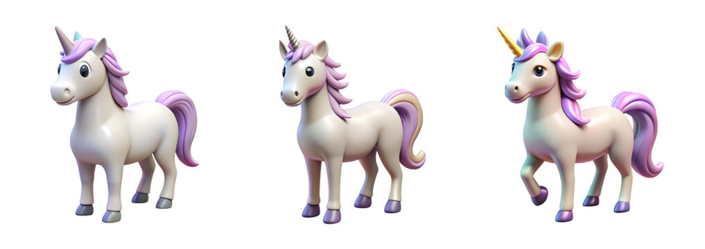 Three cute 3d unicorn characters with purple manes and tails isolated on transparent background