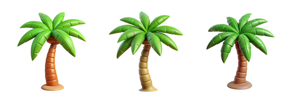 Set of three stylized 3d palm trees isolated on transparent background