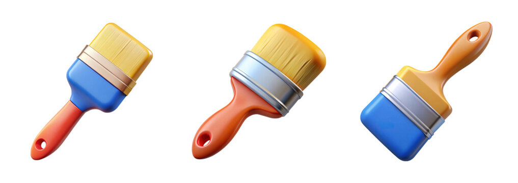 Set of 3d paint brushes with colorful handles and metallic ferrules isolated on transparent background