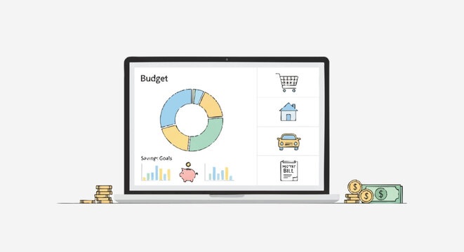 Laptop with Budget Pie Chart Display