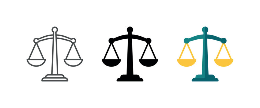 Scales of justice icons representing balance, law, and fairness in different styles