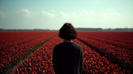 Fototapeta premium Woman standing in vast red tulip field looking toward horizon. Contemplative figure in dark clothing surrounded by blooming flowers with tree line in distance under clear sky.