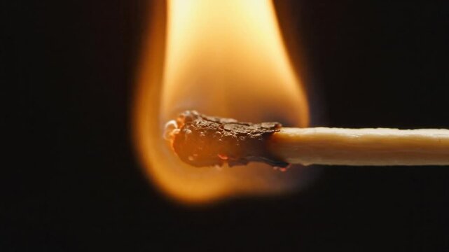 Close-up of a lit match with vibrant flames and delicate wisps of smoke against a dark background.