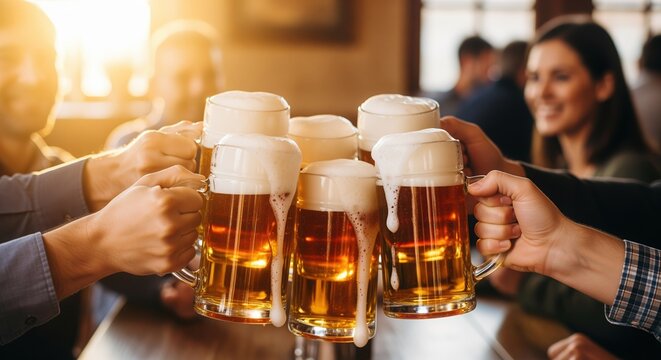 Group of people clink beer mugs in celebration at a pub. Hands hold golden beer glasses, toasting together. Smiling friends in warm background create festive atmosphere for party.