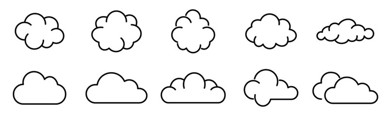 Fototapeta premium Cloud icon set. Weather cloud symbols and sky elements collection. Different cloud shapes for UI, apps and web design. Minimal outline cloud icons. Weather forecast, cloud storage and digital interfac