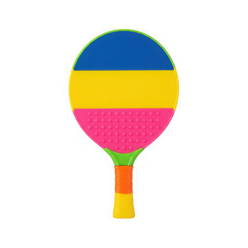 Vibrant multi-colored beach racket or toy paddle featuring bold blue, yellow, and pink horizontal stripes