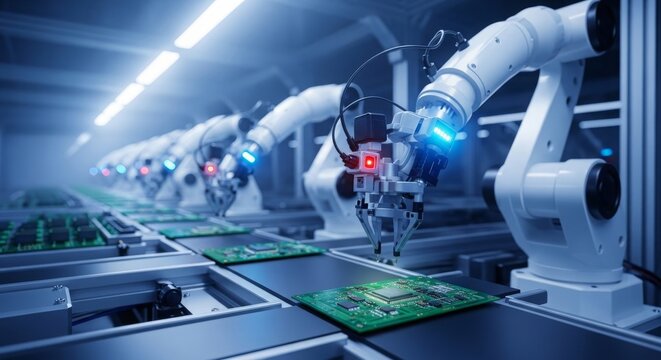 Component Installation and Quality Control of Circuit Board. Fully Automated PCB Assembly Line Equipped with High Precision Robot Arms at Electronics Factory. Electronic Devices Manufacturing Industry