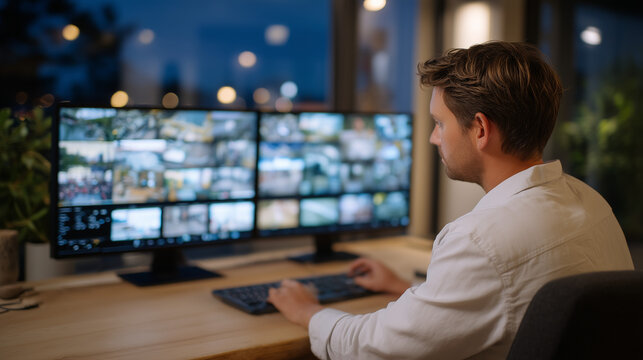 Cybersecurity analyst at dual monitor workstation reviewing fragmented video footage, AI software highlighting facial inconsistencies and digital artifacts in suspected manipulated media content, pe