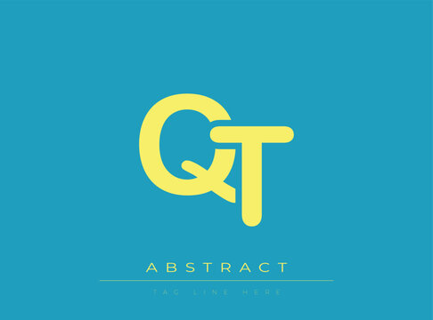 Yellow abstract logo design with QT letters and tagline on blue background