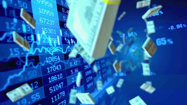 3D animation of US dollar stacks falling against a blue digital stock market ticker background symbolizing financial growth and global economic success.