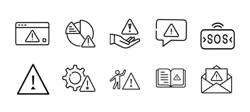 Security warning and alert signs outline icon set featuring siren hazard signal and triangle danger for protection notification more vector illustration on editable stroke.