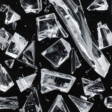 Shattered glass pieces scattered on dark surface; broken fragments