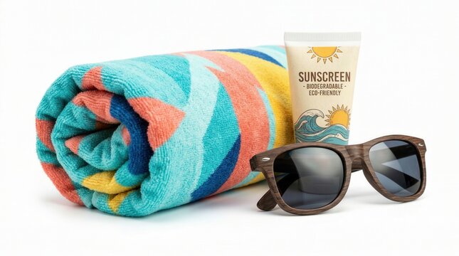 Rolled beach towel with sunscreen and sunglasses on clean white background