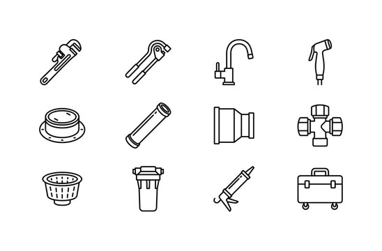 Collection of plumbing tools and supplies in a clean, modern line art style