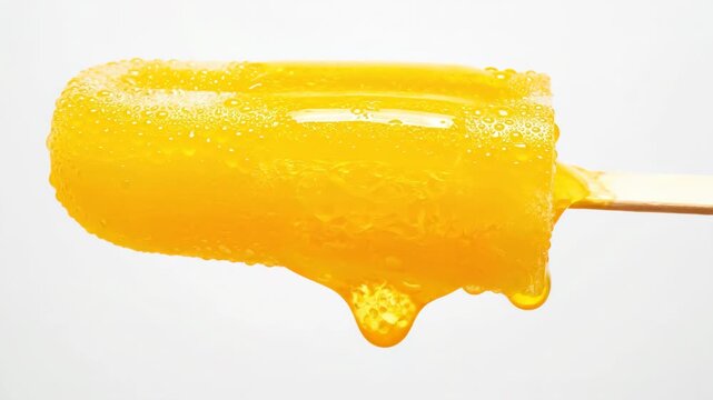 A yellow popsicle on a stick sits isolated on a transparent background, its refreshing cold form conveying summery dessert delight.