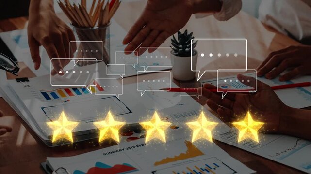 Engaging scene of teamwork and collaboration in a business setting, featuring hands reaching out over charts and feedback symbols that visualize communication. Raster