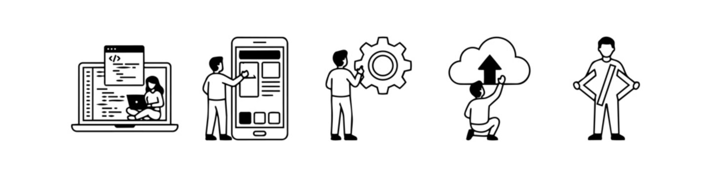 Set of five minimalist line art icons representing the software development lifecycle, including coding, mobile app design, system engineering, cloud uploading, and web programming.