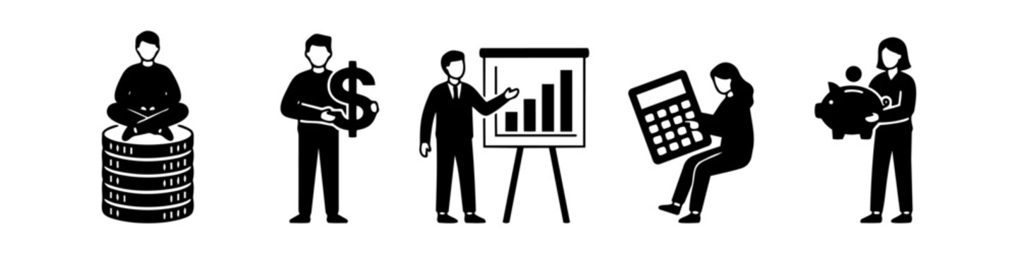 Set of black and white business icons featuring people managing money, presenting charts, using calculators, and saving with a piggy bank. Vector illustration for finance and investment concepts.