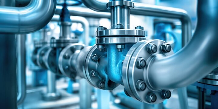 Industrial piping system with visible valves and bolted flanges in a factory setting