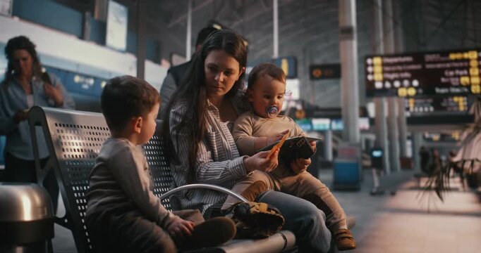 Young Mother Sits in Departure Lounge, Holding Baby and Showing Travel Documents to Older Son. Family Travel, Parenting Challenges During Trips, Anticipation Holiday Flight at International Airport.