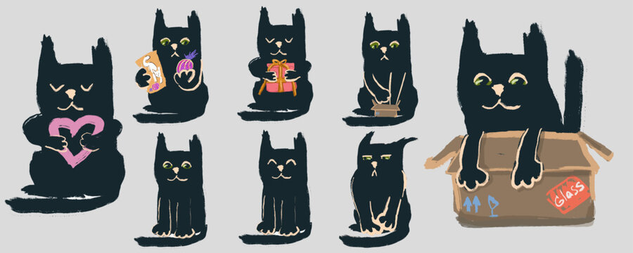 Doodle, hand draw set with texture Black funny cat. Different moods, a cat in a box, with a hart, a present. Hand drawn with brush texture. Vector, isolated.