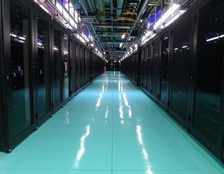 Innenansicht eines modernen Rechenzentrums mit langen Reihen von schwarzen Server-Racks und einem gl&auml;nzenden hellblauen Boden f&uuml;r IT-Infrastruktur.