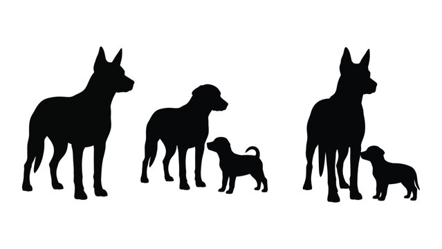 Silhouettes of four dogs varying in size stand in a simple arrangement