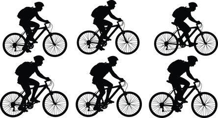 Obraz premium Set of six male cyclist silhouettes riding mountain bikes with backpacks, bicycle riders in various positions isolated on white background, vector