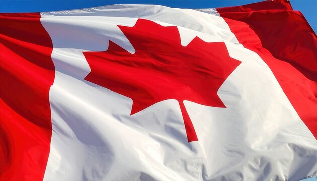 Nahaufnahme der Nationalflagge von Kanada mit dem markanten roten Ahornblatt auf wei&szlig;em Grund, die im Sonnenlicht kr&auml;ftig im Wind weht.
