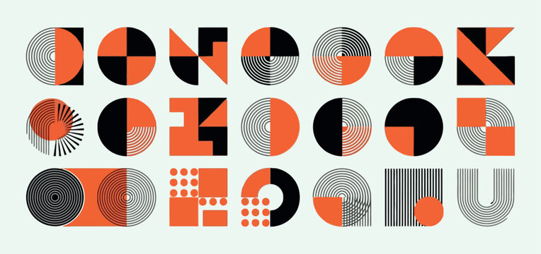 Bauhaus style geometric icons set, abstract orange and black minimalist shapes, 21 vector elements for modern branding and graphic design