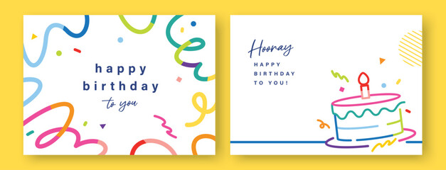 Birthday card pair with cake, candle, confetti and playful abstract line in flat geometric style, colorful greeting template collection on white background for joyful party celebration. © LittleWhale