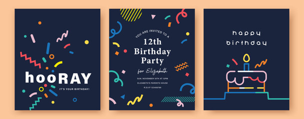 Hooray birthday card collection with cake, candle, confetti and typography in flat geometric style, colorful celebration poster set on dark navy background for greeting or invitation design. © LittleWhale