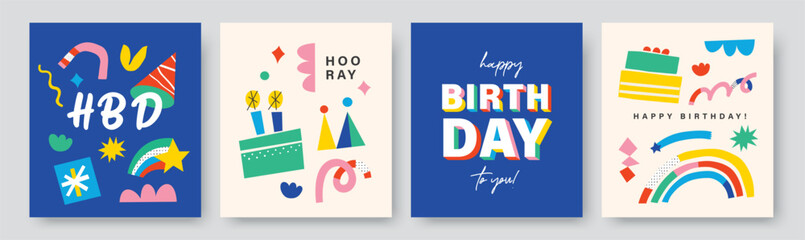 Happy birthday card set, poster and greeting template with cake, rainbow, candle, confetti and typography in colorful flat geometric style for festive party celebration design on white © LittleWhale