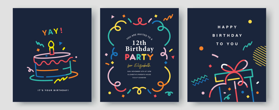 Set of three birthday greeting cards with fun typography, candles, cake, and colorful patterns, perfect for celebrations and invitations in a modern playful style