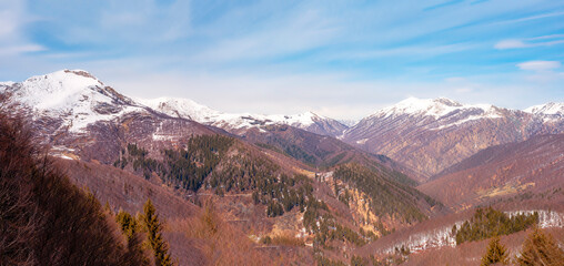 Panorama of the alps surrounding the city of Biella, seen from the named Zegna Panoramic road, in the ski resort of Bielmonte (Piedmont Region, Northern Italy). © stefanopez