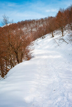 Trekking trail covered by the snow, in the alps of Biella Province (Northern Italy, Piedmont Region), during early springtime.