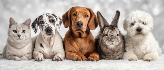 Fototapeta premium Adorable pet lineup on white background with cat dalmatian dog basset hound rabbit and small fluffy dog group portrait