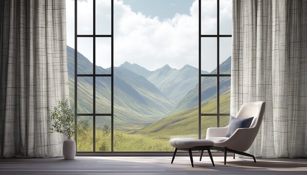 Moderner Sessel mit Hocker vor gro&szlig;em Panoramafenster mit Blick auf gr&uuml;ne Berglandschaft.