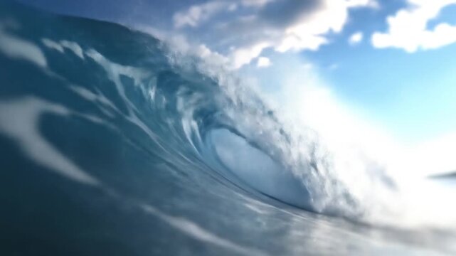 Ocean wave crashing under blue sky with sunlight and clouds