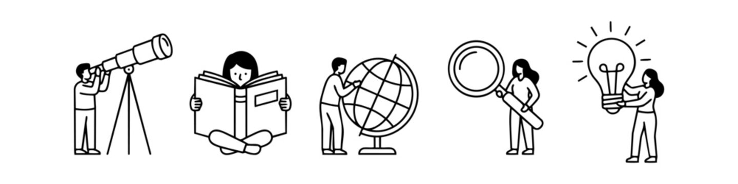 Black and white line art icons of people engaged in research, reading, and discovery using a telescope, globe, and lightbulb. Ideal for education, science, and innovation concepts.