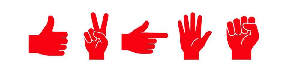 Obraz premium Set of red hand silhouettes: thumbs up, victory sign, pointing, open palm, and fist. Versatile vector icons for communication, social media, and interface design.
