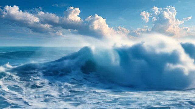 Ocean wave cresting under blue sky with clouds in sunlight