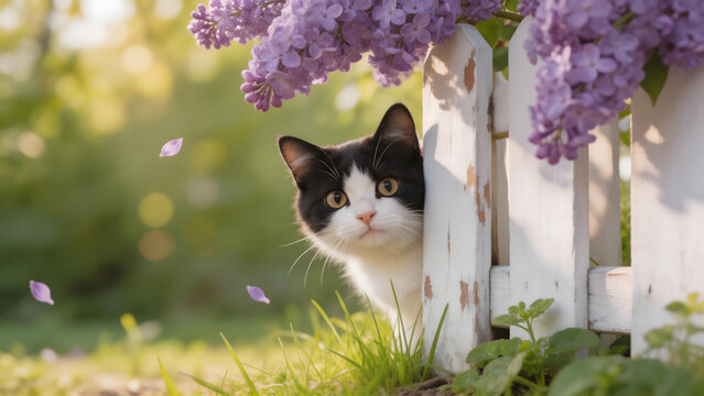 Black and white cat peeking from behind fence
