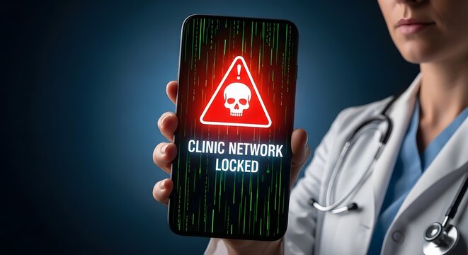 A doctor holding a smartphone with a ransomware warning on the screen