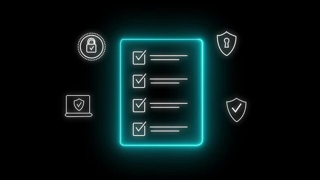 A digital checklist displayed on a glass-like panel, surrounded by security icons symbolizing data protection, privacy, online safety. Glowing neon background, Motion graphics of data concept 4K video