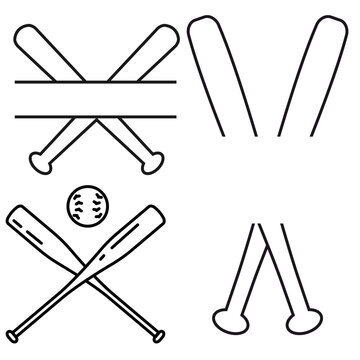 Baseball Bat Split Monogram and Crossed Bats with Ball Outline Vector Set for Custom Name Designs