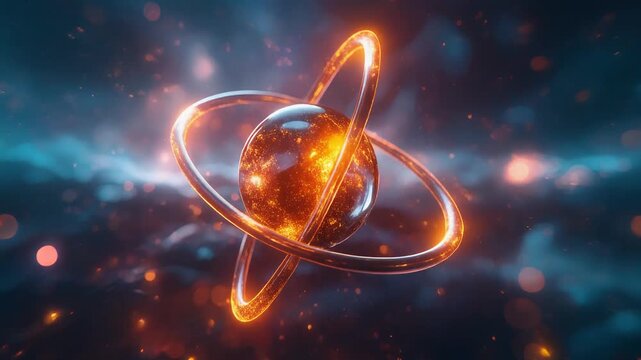 Glowing atomic structure with energy particles illustrating science physics technology and abstract innovation concept