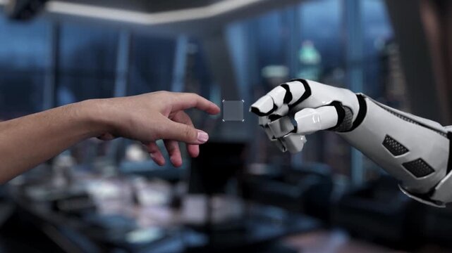 A human hand reaches towards a robotic hand engaging with a digital mail interface, symbolizing the synergistic relationship between technology and communication in a modern setting. Auvana