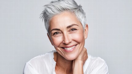 Fototapeta premium Smiling mature woman with short gray hair poses for a studio portrait.